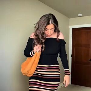 Striped Off The Shoulder Long Sleeve Maxi Sweater Dress